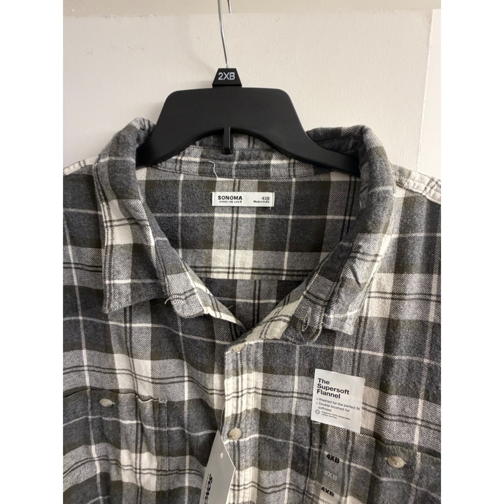 Sonoma Goods for Life Mens 4XB Grey White Plaid Supersoft Flannel Shirt NWT - Picture 2 of 4